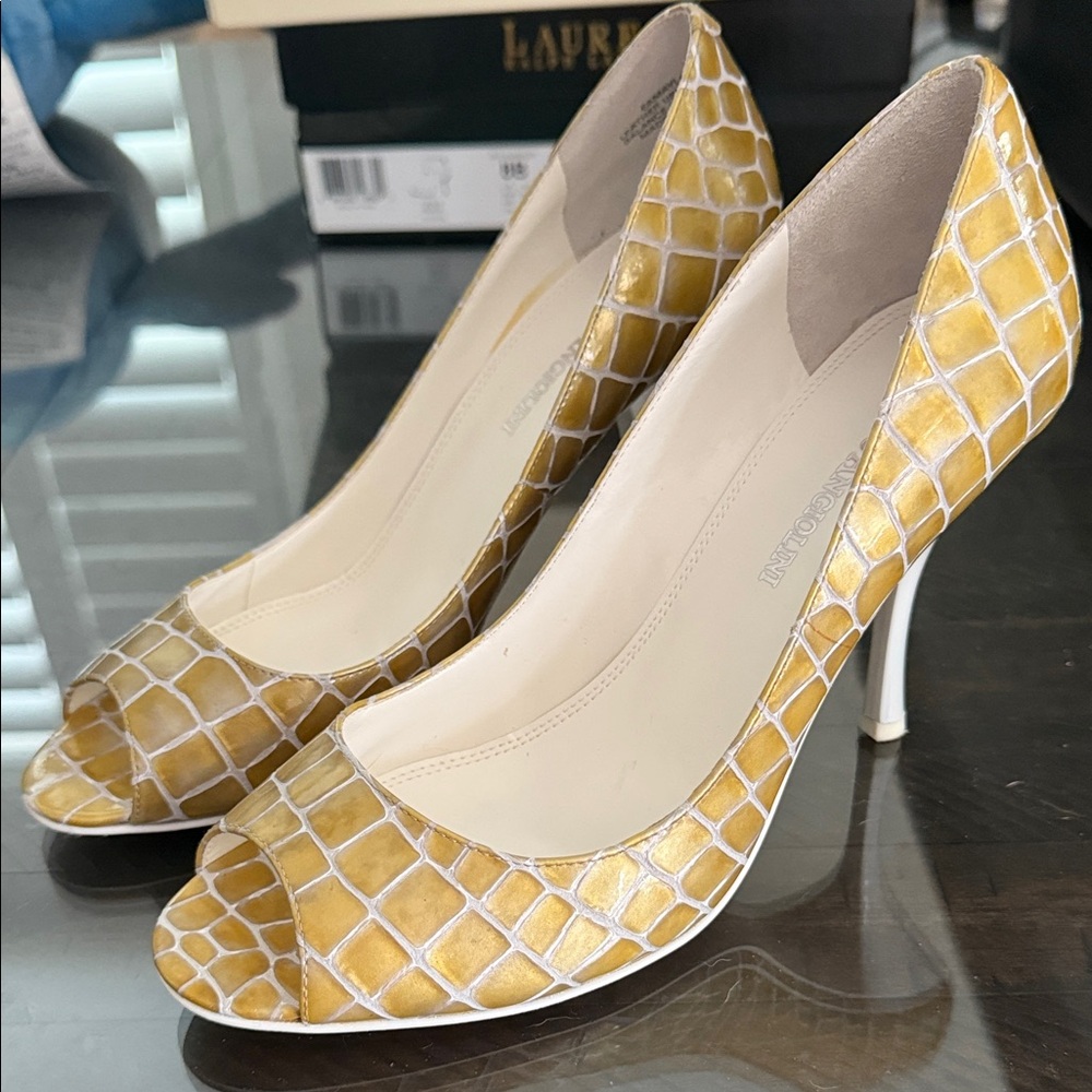 Enzo Angiolini Yellow Croc-Embossed Peep-Toe Heels